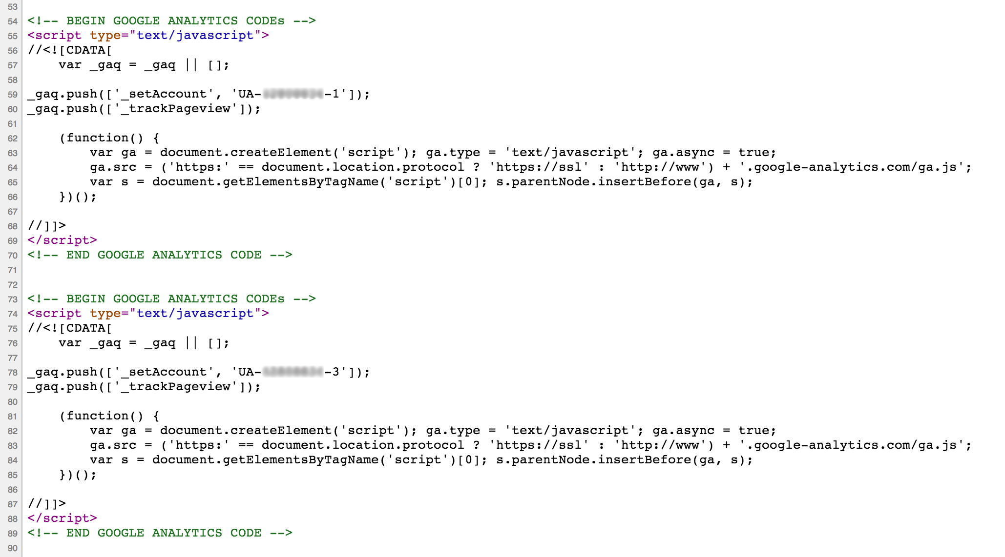 In the head section we can see that we're bring out two versions of the analytics code