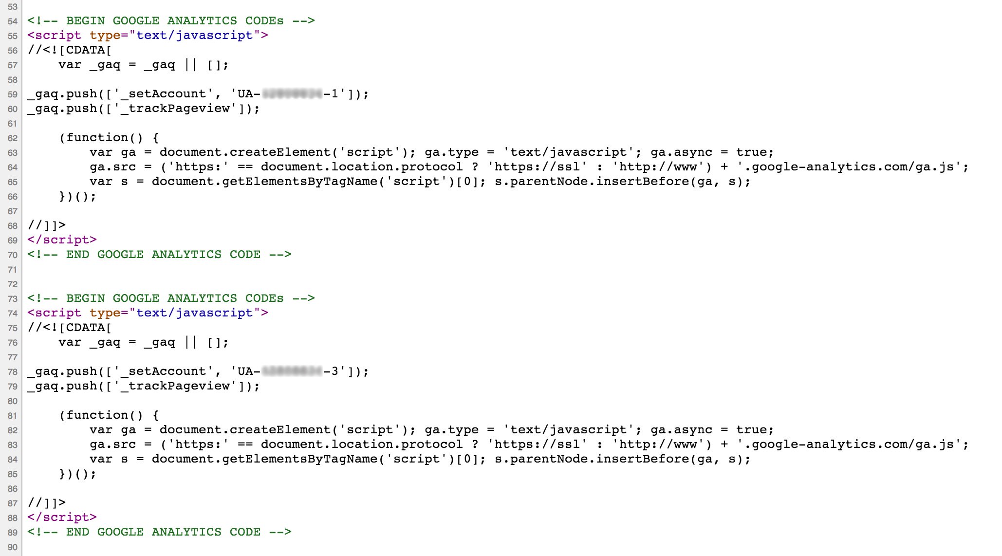 In the head section we can see that we're bring out two versions of the analytics code