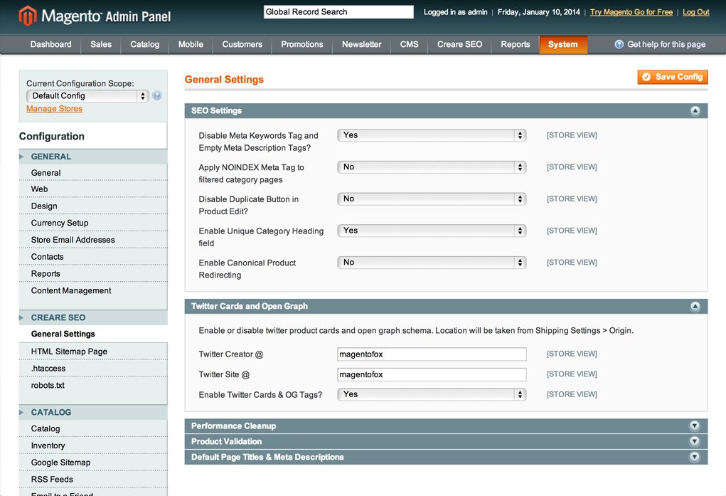 CreareSEO General Settings Page